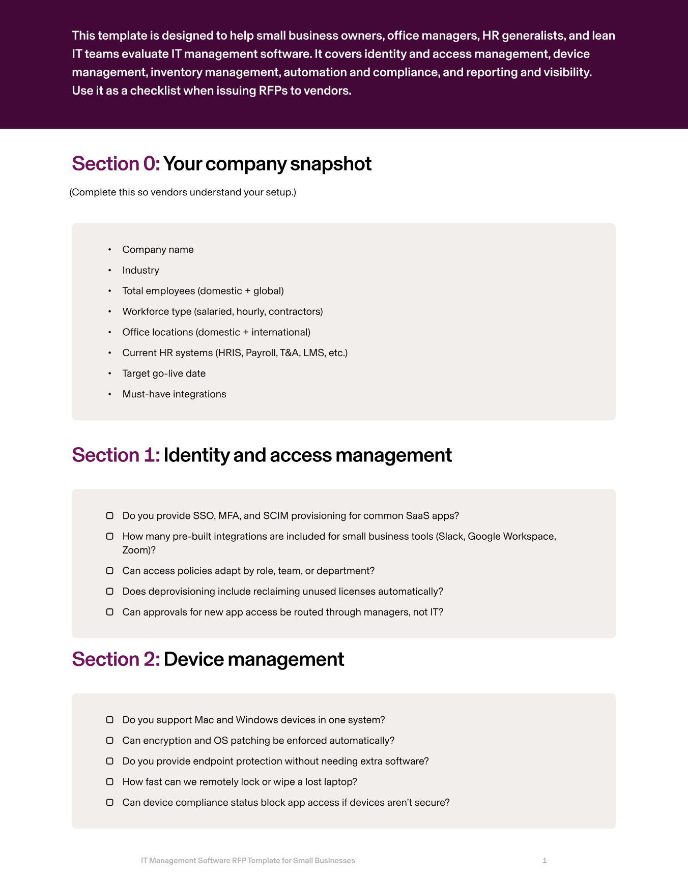 Preview of Rippling's IT Management Software RFP Template for Small Businesses.