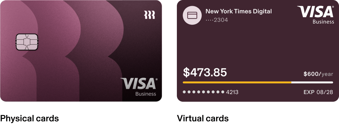 Two business credit cards shown side by side - a purple Rippling physical card and a digital New York Times Visa card displaying $473.85.