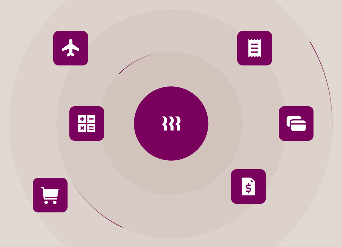 Purple circular interface with travel icons including airplane, shopping cart, calculator, and wallet on beige background.