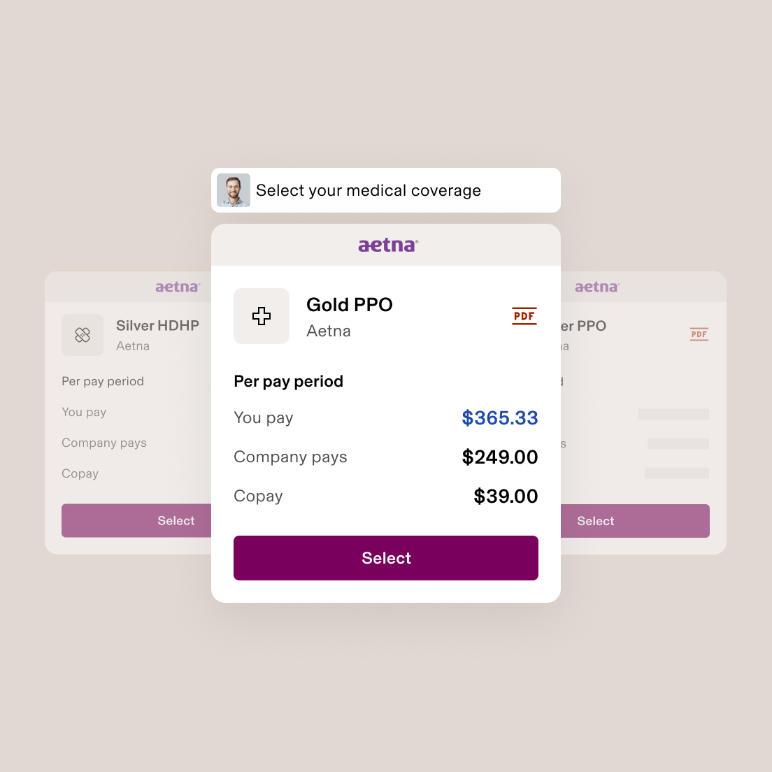 Medical insurance selection interface showing Anthem options with Gold PPO plan details and monthly payment breakdown.