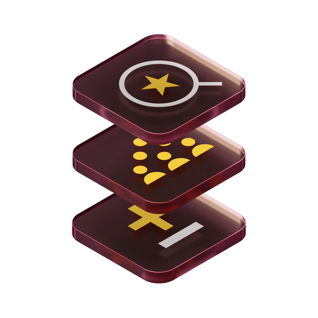 A graphic illustration of three oversized app icons depicting a plus sign, org chart, and magnifying glass arranged in a stack