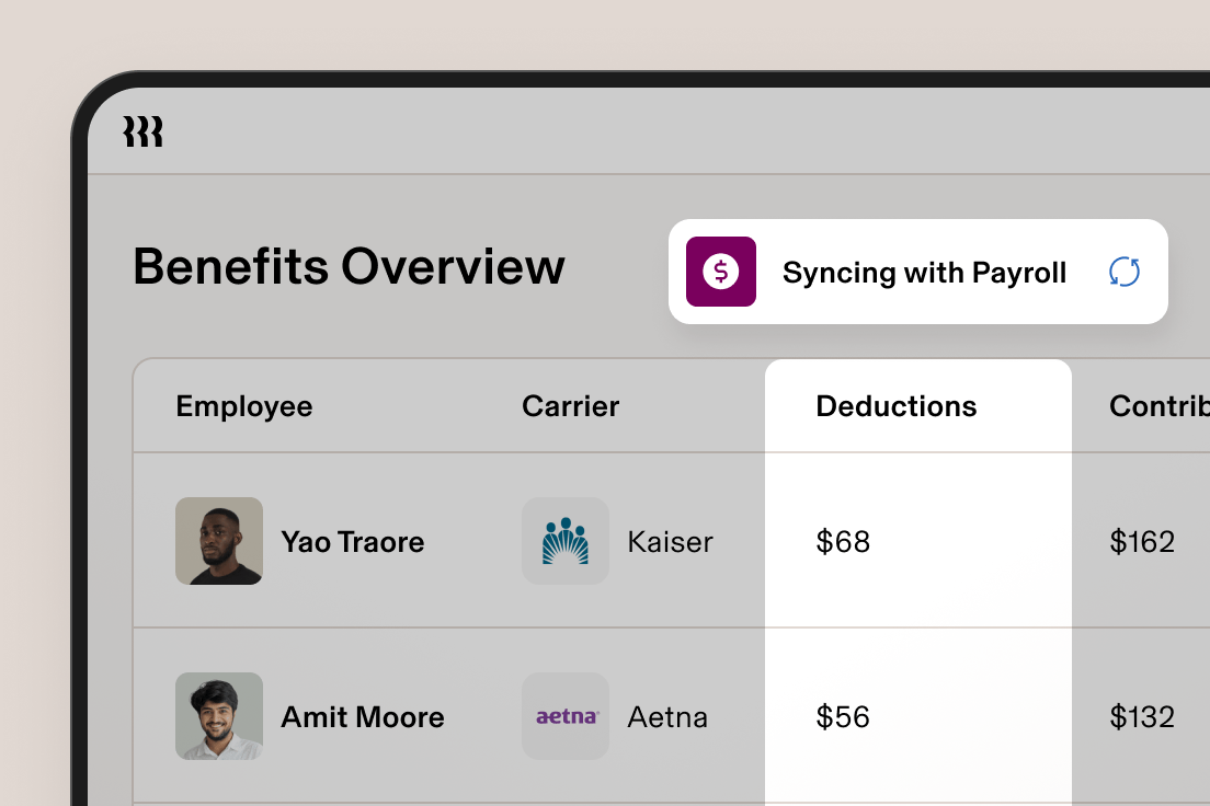 Benefits overview interface showing employee data with deductions and payroll sync