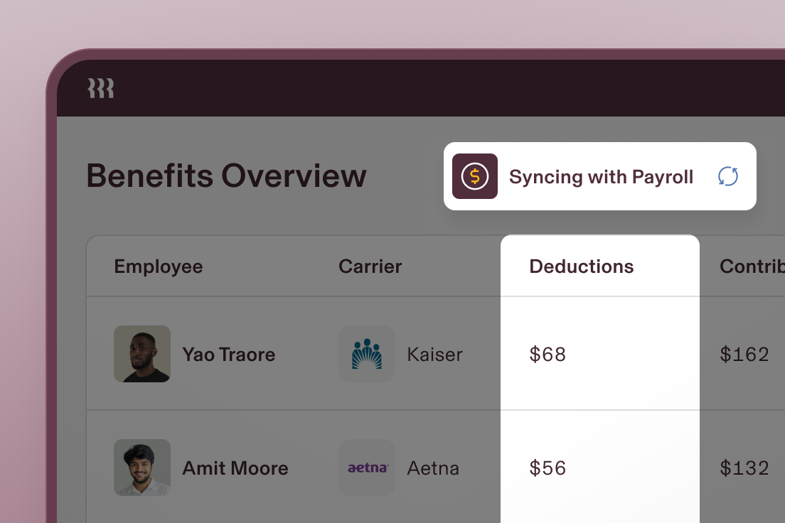 Benefits overview interface showing employee data with deductions and payroll sync