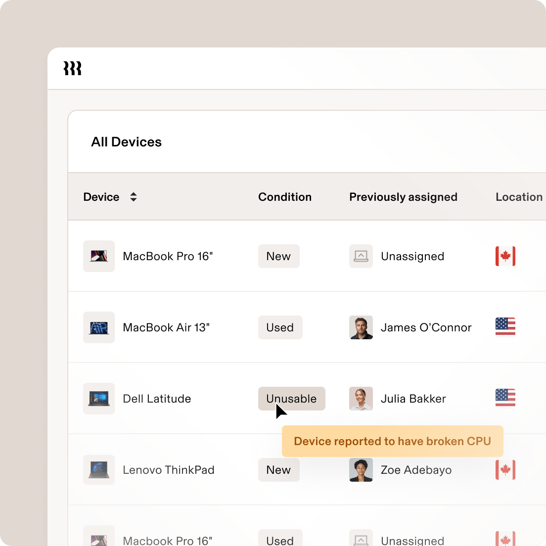 Device management interface showing laptops with their condition, assignment status, and location with country flags.