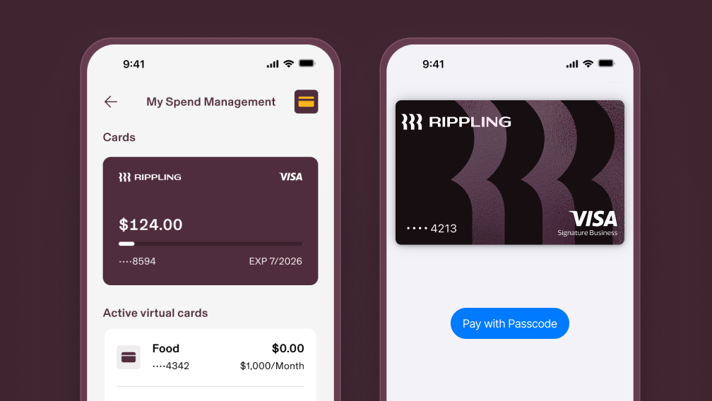 Two smartphones, one showing a screen in the Rippling app titled "My Spend Management" displaying a corporate card with the Rippling logo and the Visa logo, and the other showing a screen in Apple Pay with a Rippling corporate card