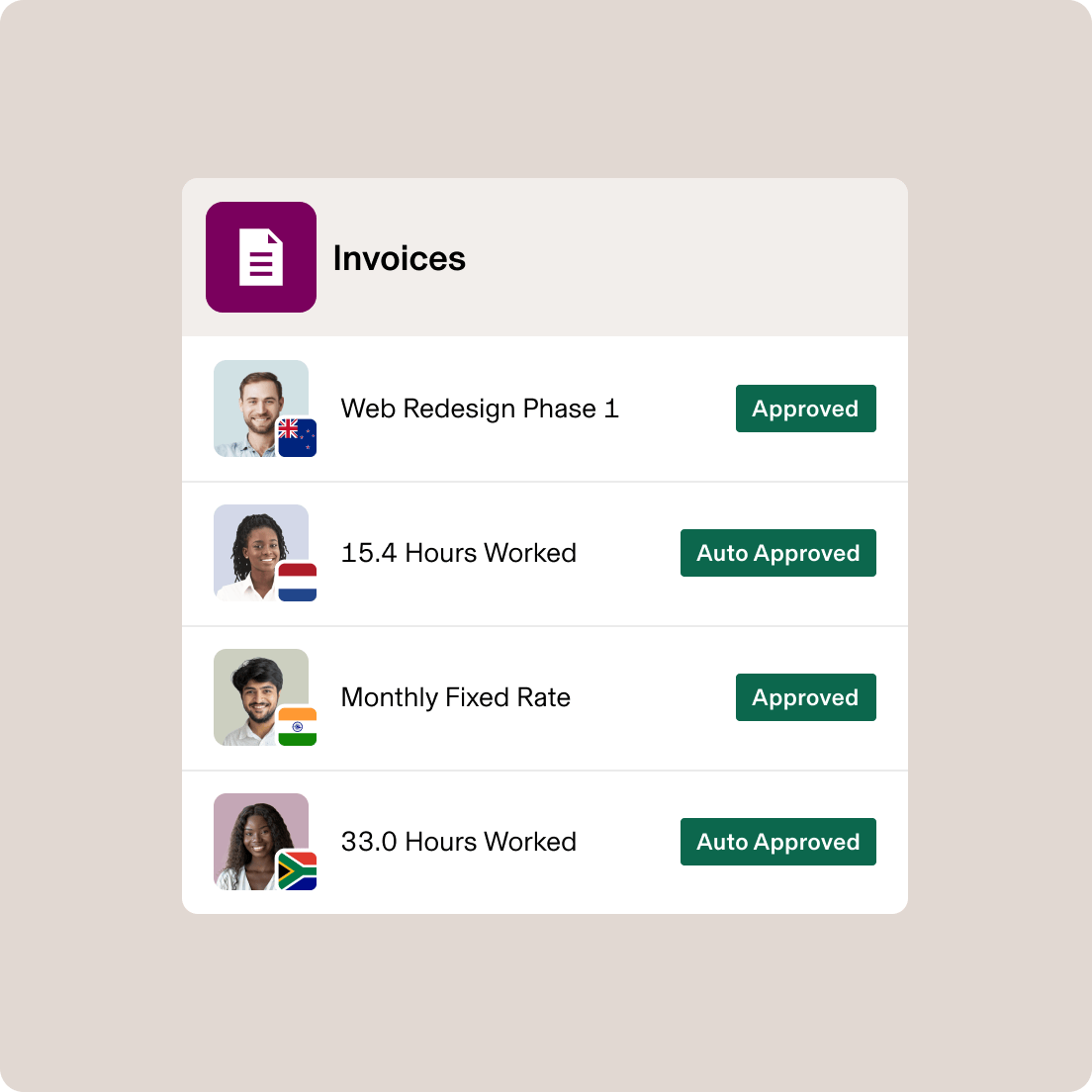 Invoice management interface showing four approved contractor entries with country flags and work details.