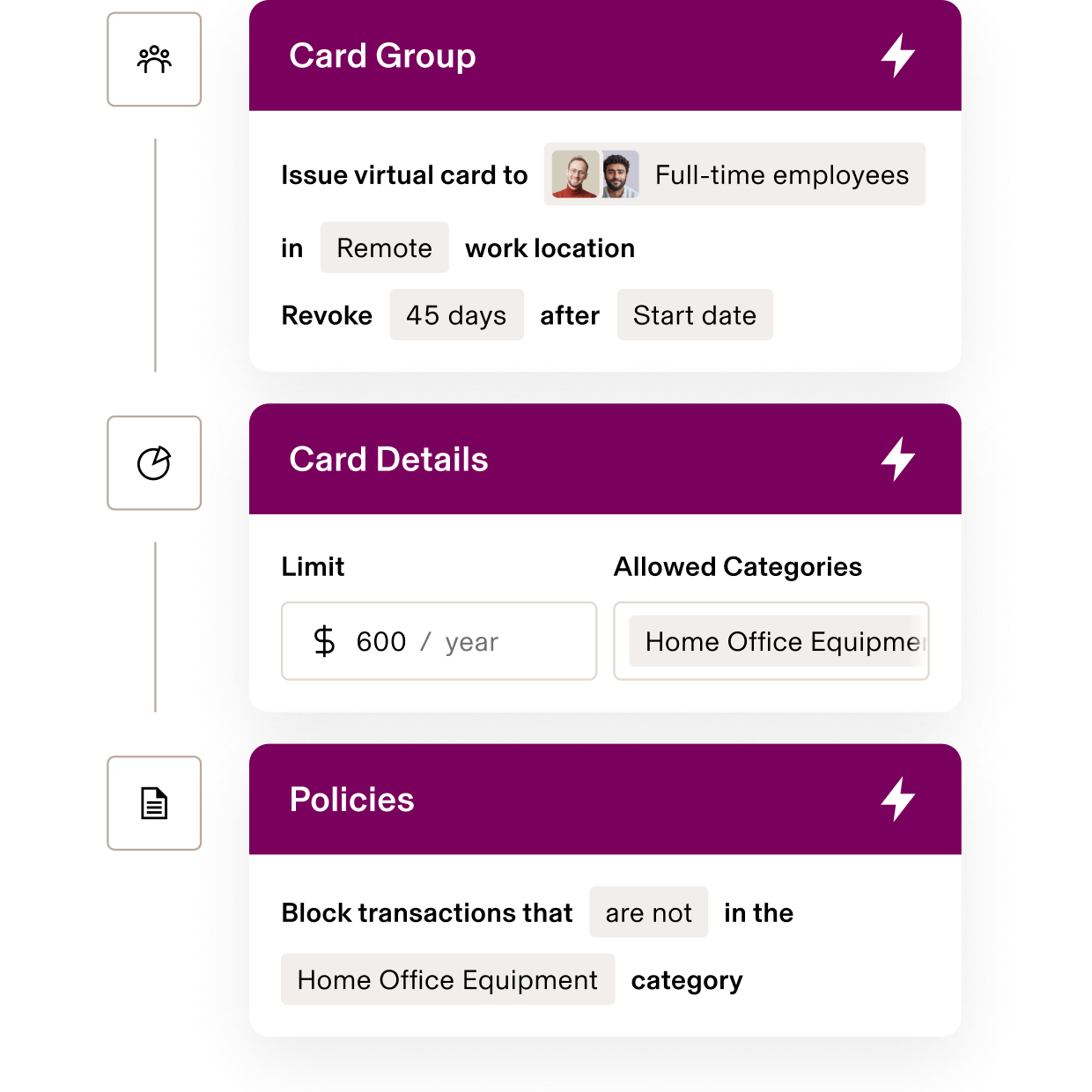 Virtual card management interface showing settings for remote employees with $600/year limit for home office equipment purchases.