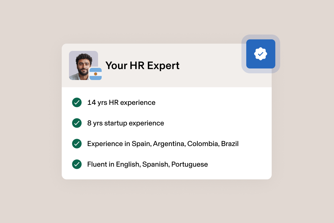 HR Expert profile card showing 14 years HR experience, 8 years startup experience, international expertise, and trilingual skills.