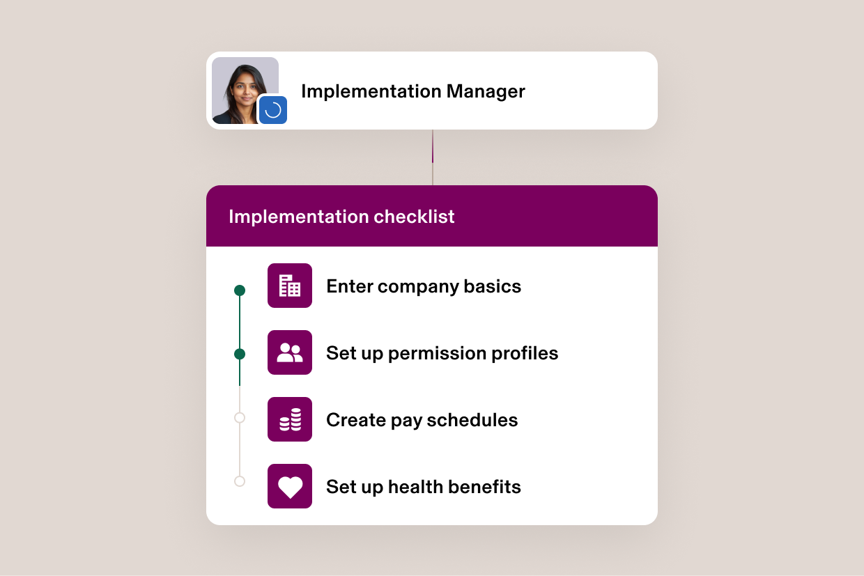 Interface du directeur de la mise en œuvre montrant une liste de vérification avec les données de base de l’entreprise et des profils d’autorisation remplis, deux tâches en attente.
