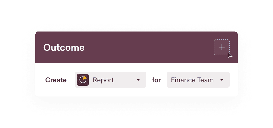 Action interface showing “Create Report for Finance Team” with an icon of a chart