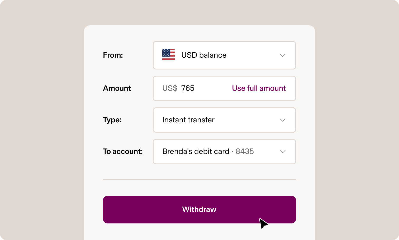 Preview of instant transfer feature for contractors within the Rippling Platform. 