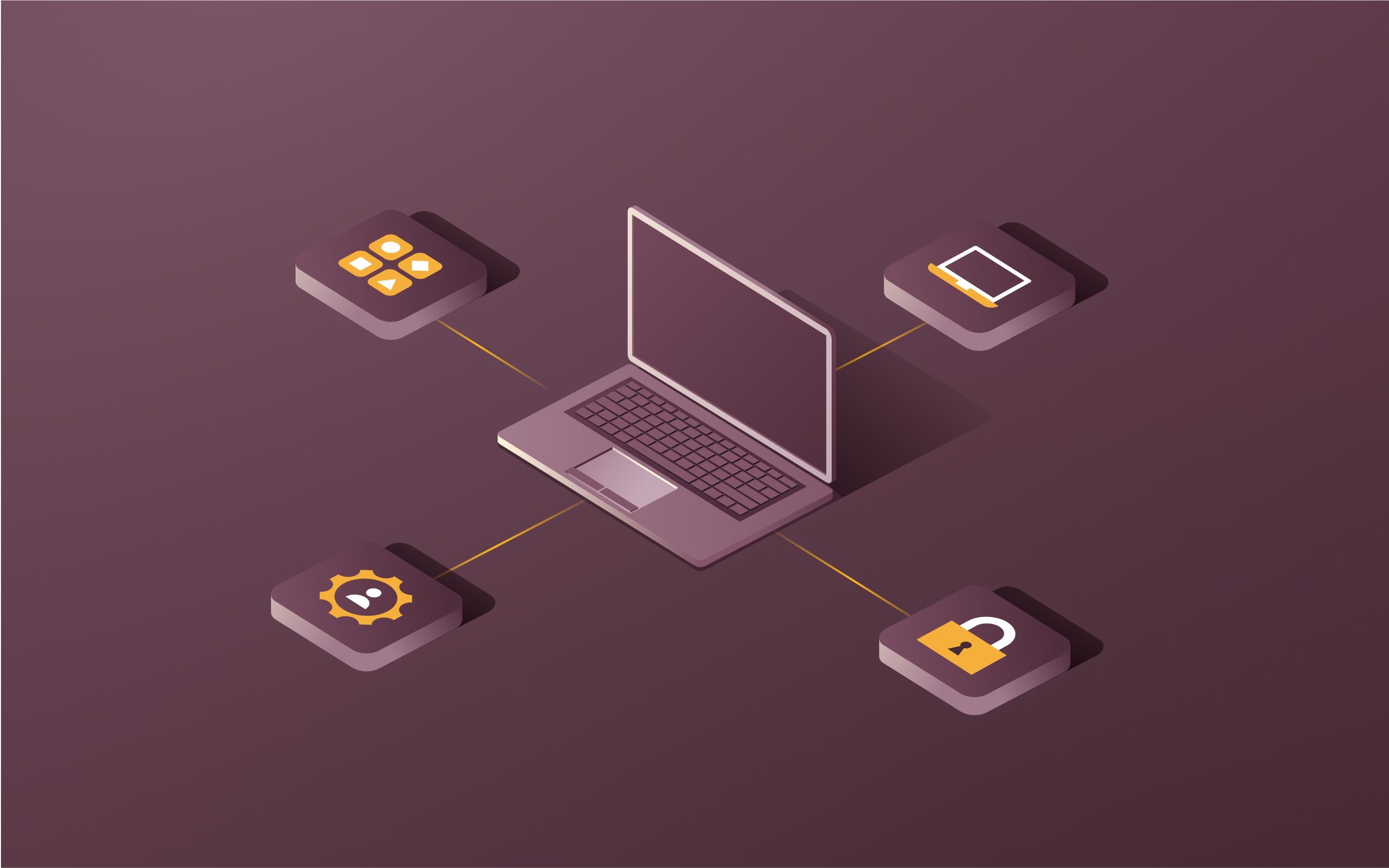 A laptop with different apps branching off of it. 