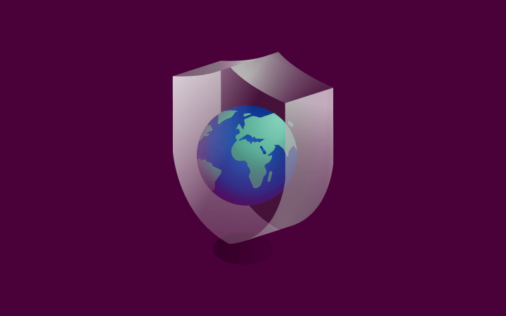 Blue and green globe protected by a silver shield on a deep purple background, representing cybersecurity.