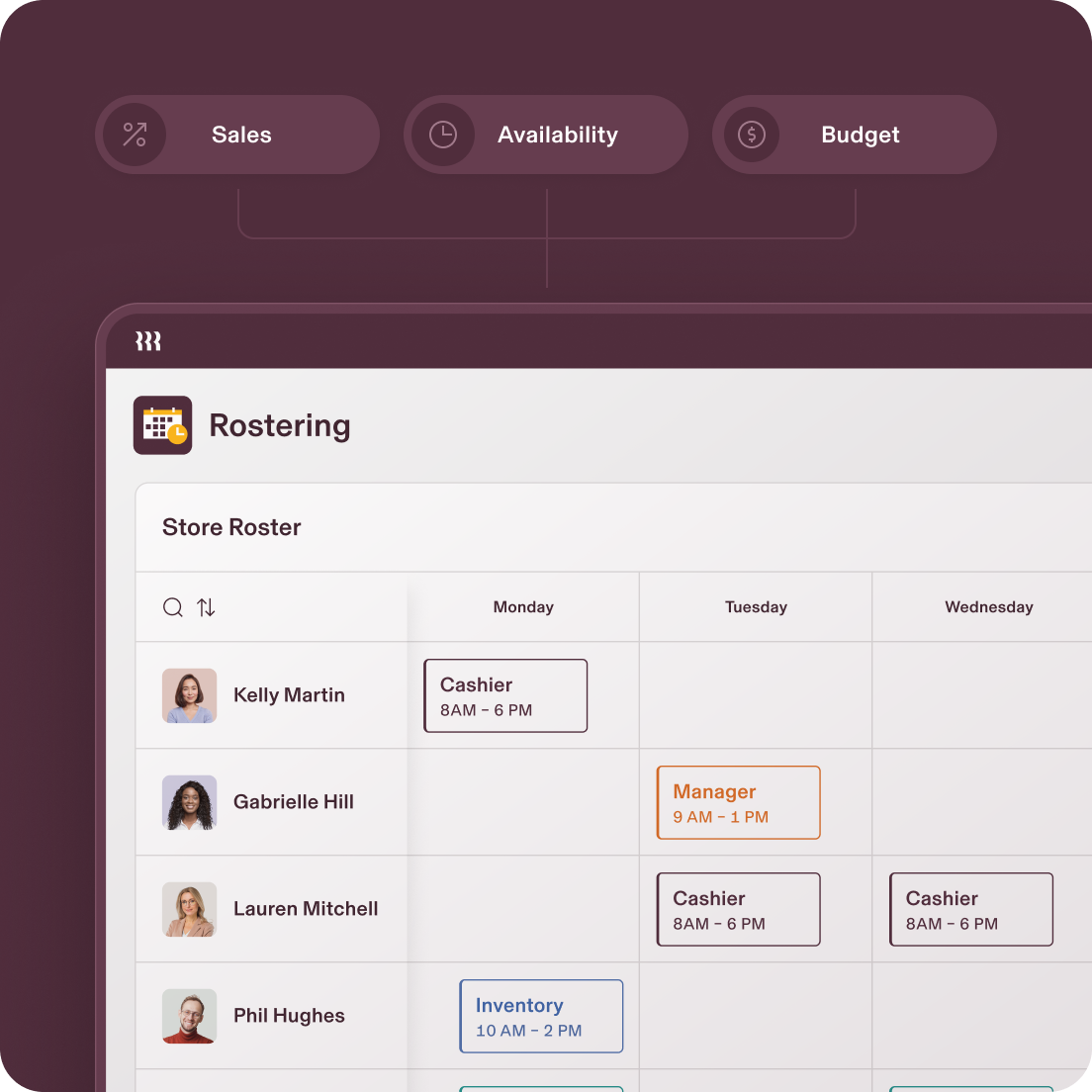 A stylised screenshot of Rippling's rostering software on a tablet