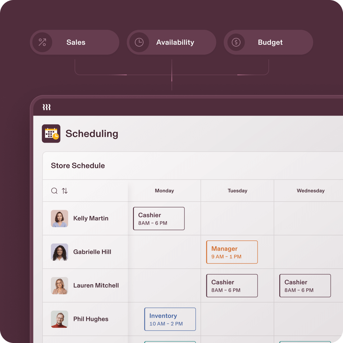 A stylized screenshot of Rippling's scheduling software on a tablet