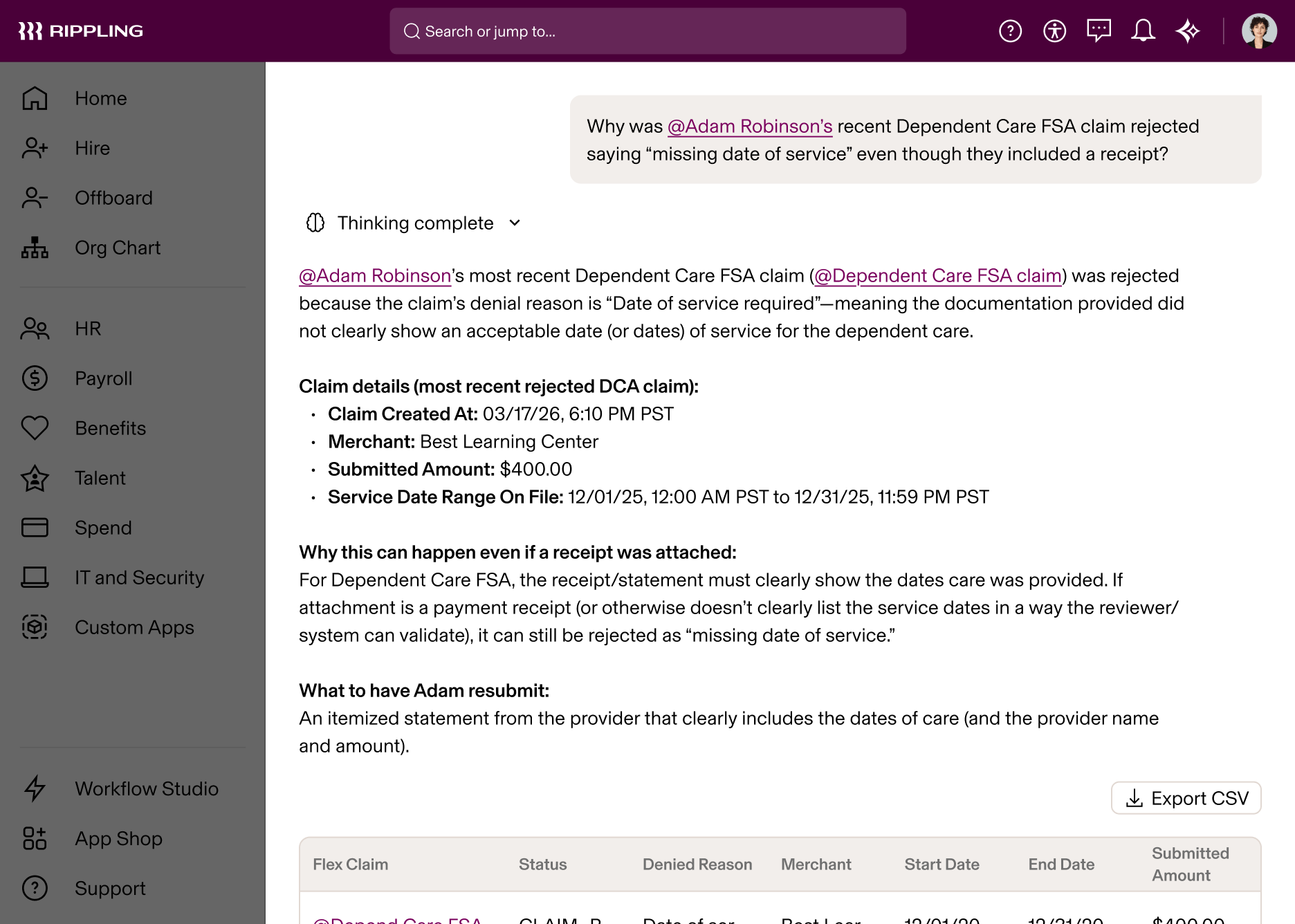 Rippling AI showing a rejected Dependent Care FSA claim due to missing service dates, with explanation and resubmission advice