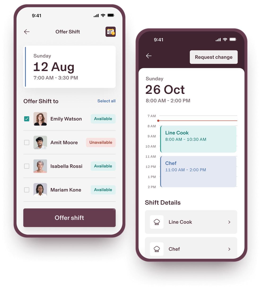 A sample view of Rippling's scheduling software on two mobile devices
