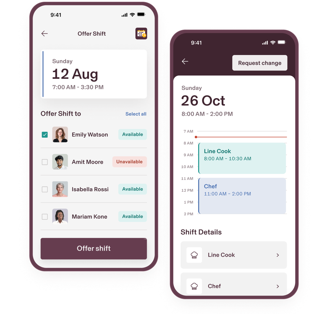 A sample view of Rippling's scheduling software on two mobile devices
