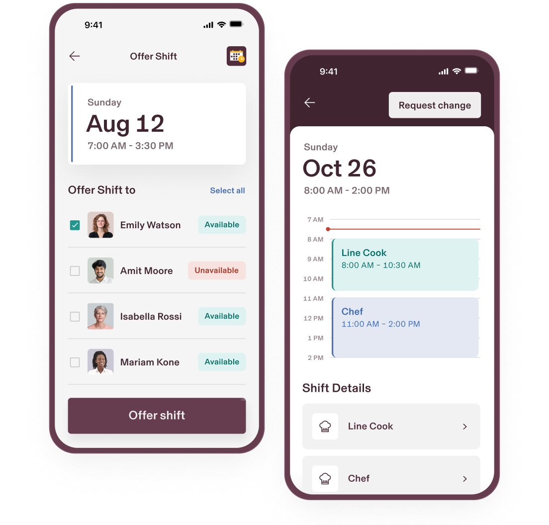 A sample view of Rippling's scheduling software on two mobile devices