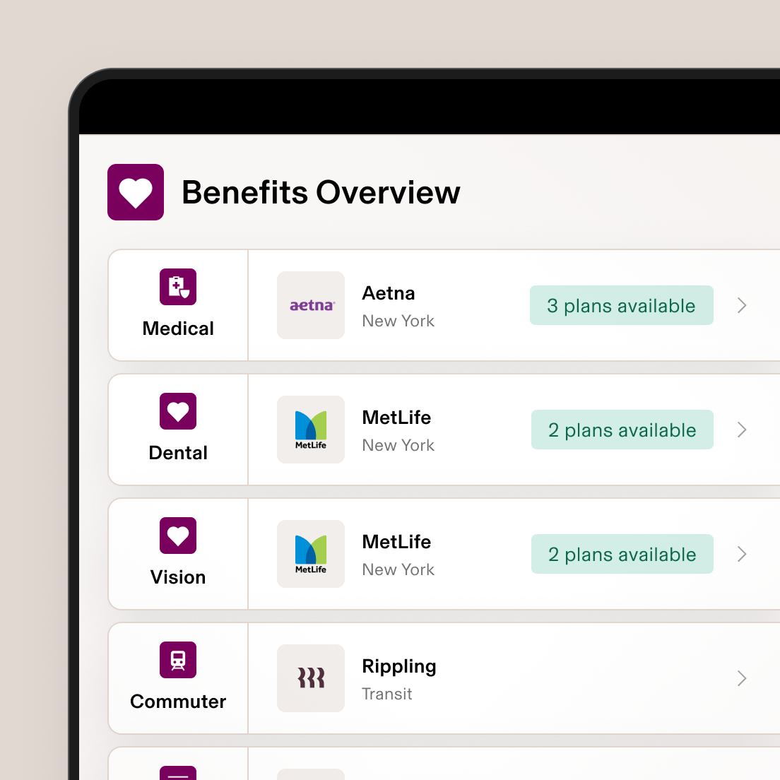 Benefits overview screen showing medical, dental, vision, and commuter options with Aetna and MetLife providers in New York.