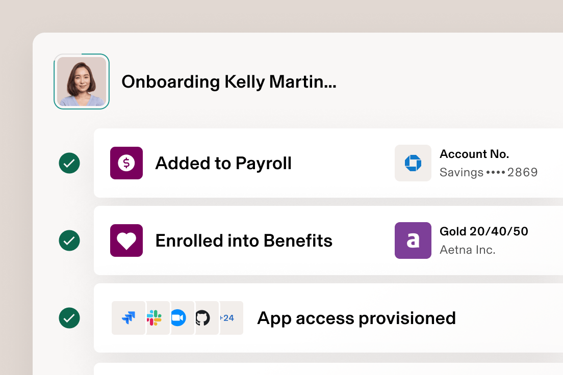 Example of an onboarding screen in Rippling with a photograph of an employee and text that says onboarding Kelly Martin