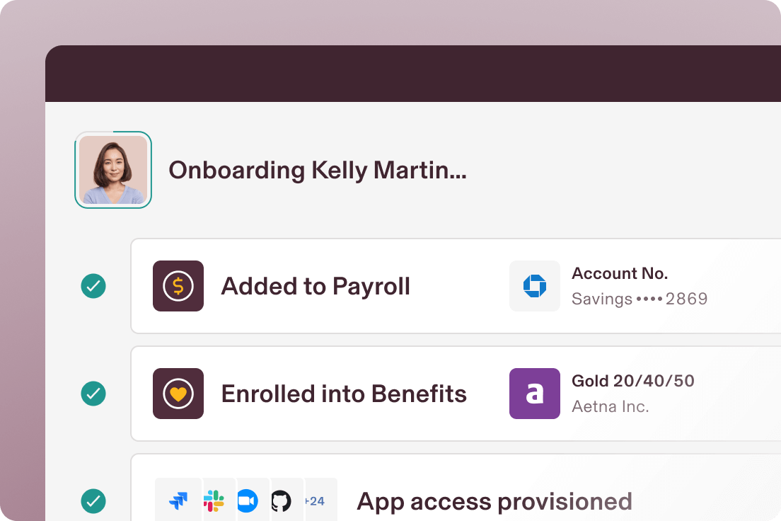 Example of an onboarding screen in Rippling with a photograph of an employee and text that says onboarding Kelly Martin