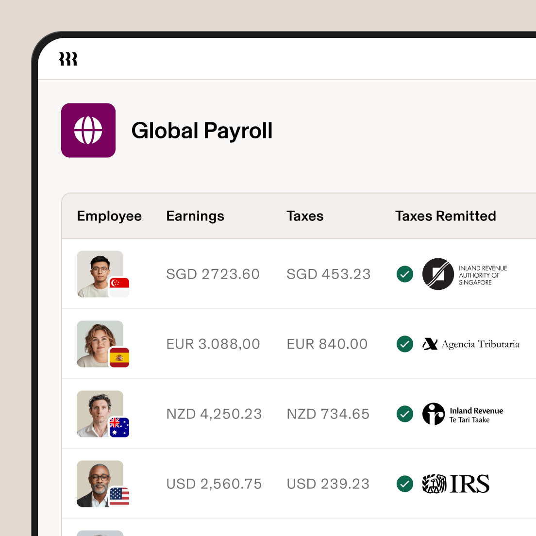 Global Payroll dashboard showing employee earnings and taxes from different countries with confirmation checkmarks for tax remittance.