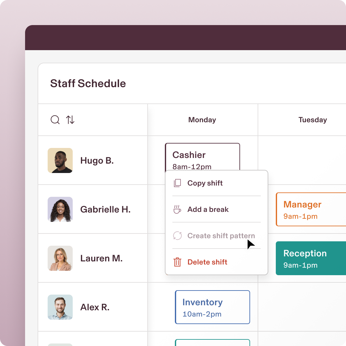 Screenshot of an employee schedule with a cursor clicking on a shift, revealing an option labeled Create shift pattern