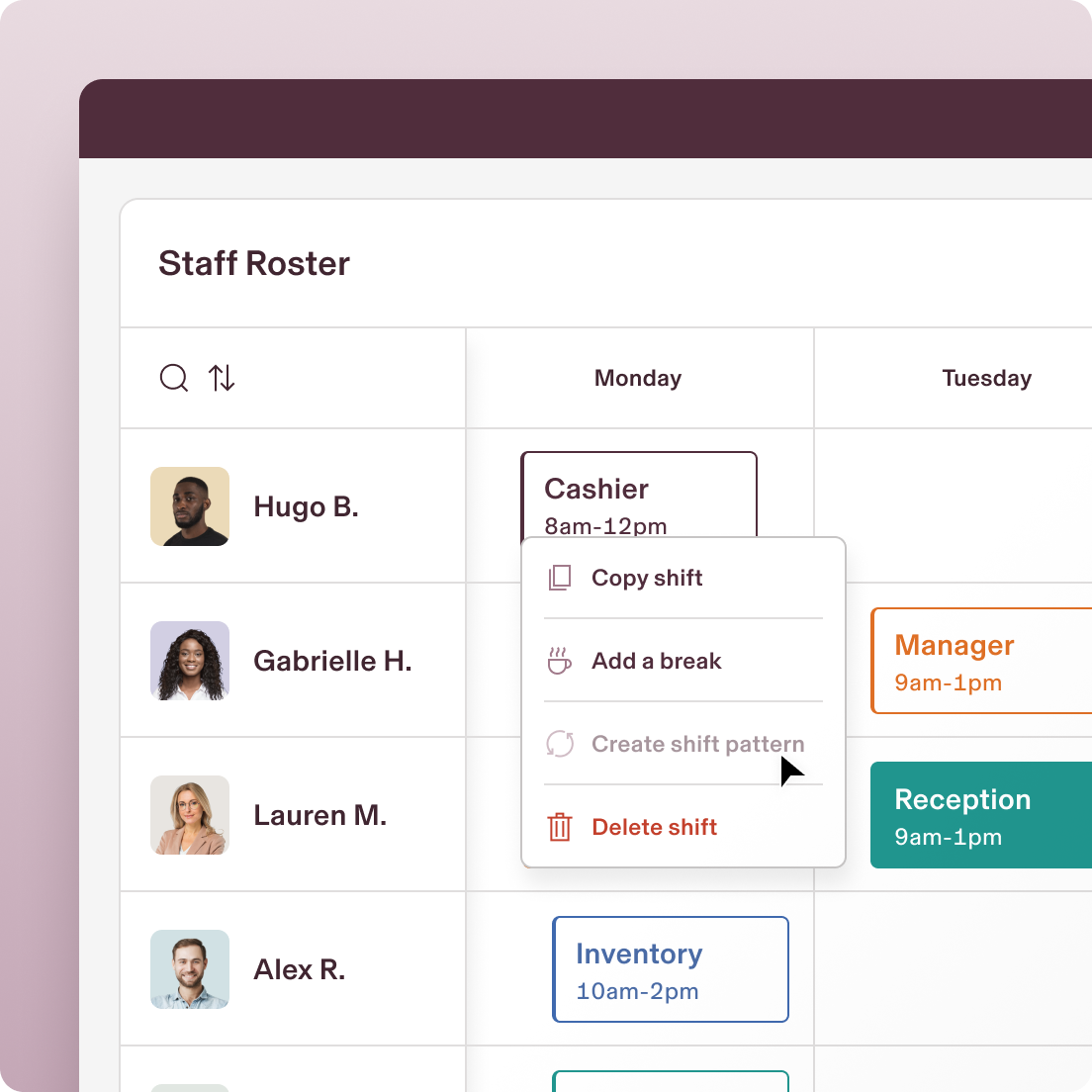 Screenshot of an employee roster with a cursor clicking on a shift, revealing an option labeled Create shift pattern