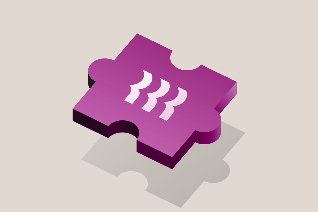 Purple 3D puzzle piece with white wave pattern design on a light beige background.