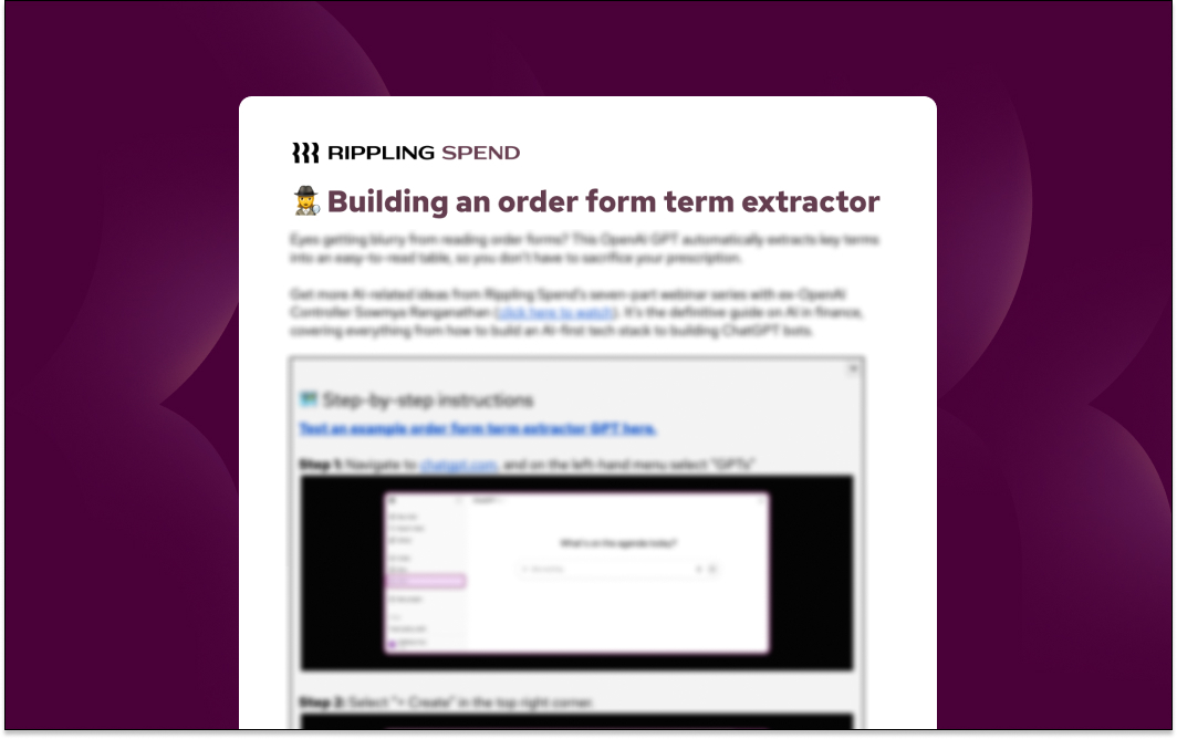 Rippling Spend tutorial showing how to build an order form term extractor with step-by-step instructions on purple background.