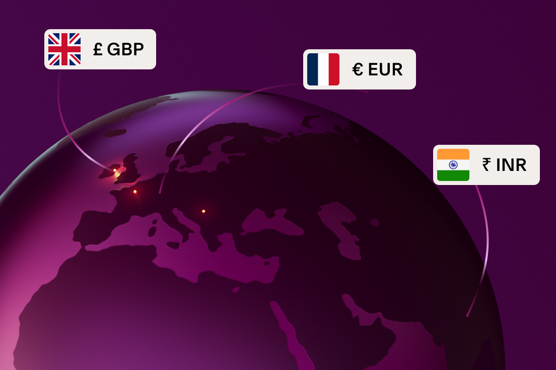 Purple globe showing Europe with currency icons for British Pound, Euro, and Indian Rupee connected to their regions.