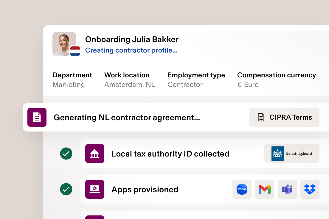 Screenshot of an onboarding screen in Rippling with text that says, "Creating contractor profile"