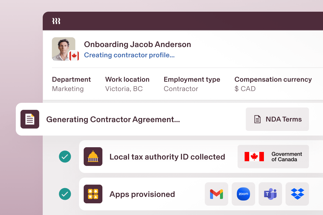 Screenshot of an onboarding screen in Rippling that says Creating contractor profile