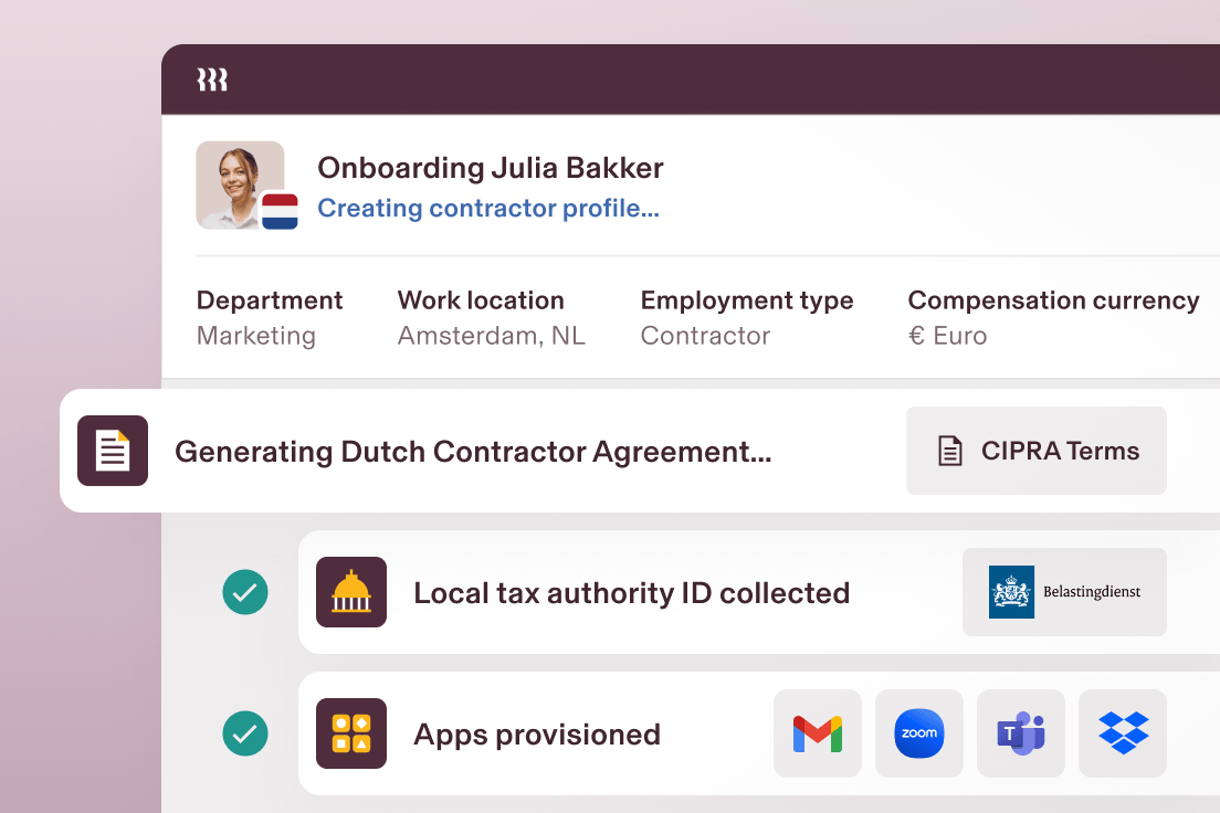 Screenshot of an onboarding screen in Rippling that says Creating contractor profile