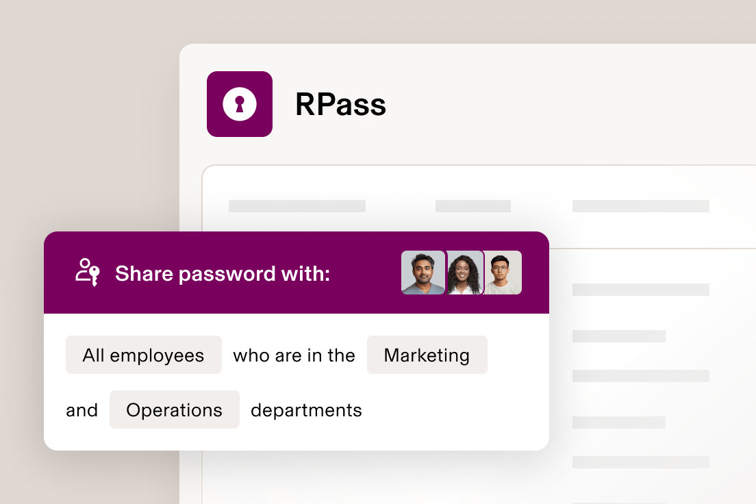 RPass password sharing interface showing options to share with all employees in Marketing and Operations departments