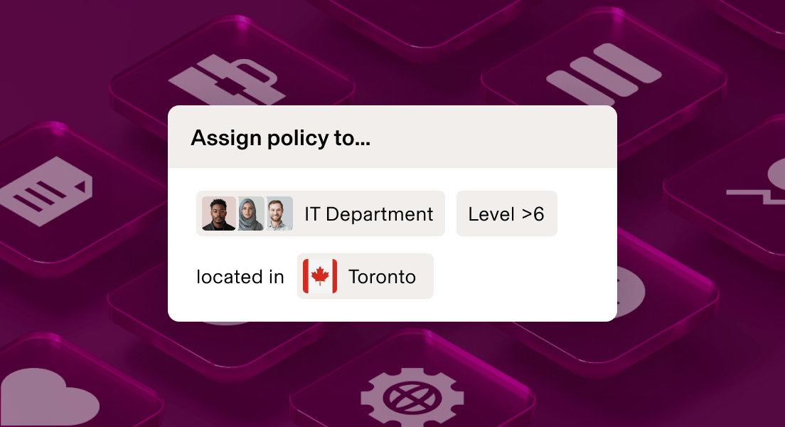 Policy assignment interface showing IT Department, Level >6, located in San Francisco against a dark maroon background.