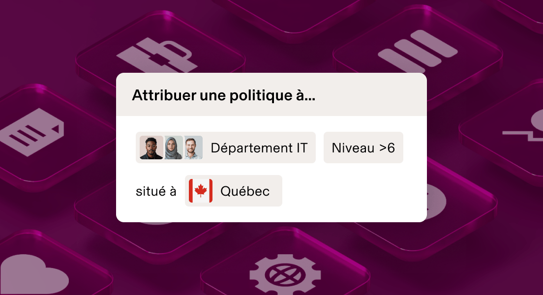 Interface d’assignation des politiques affichant le service des TI, niveau >6, situé à San Francisco, sur fond marron foncé.