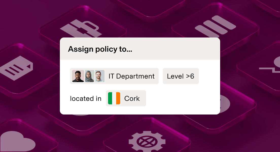 Policy assignment interface showing IT Department, Level >6, located in San Francisco against a dark maroon background.