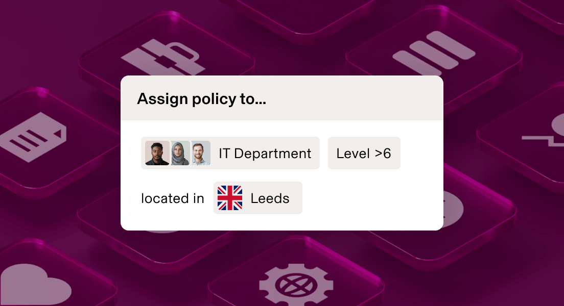 Policy assignment interface showing IT Department, Level >6, located in San Francisco against a dark maroon background.