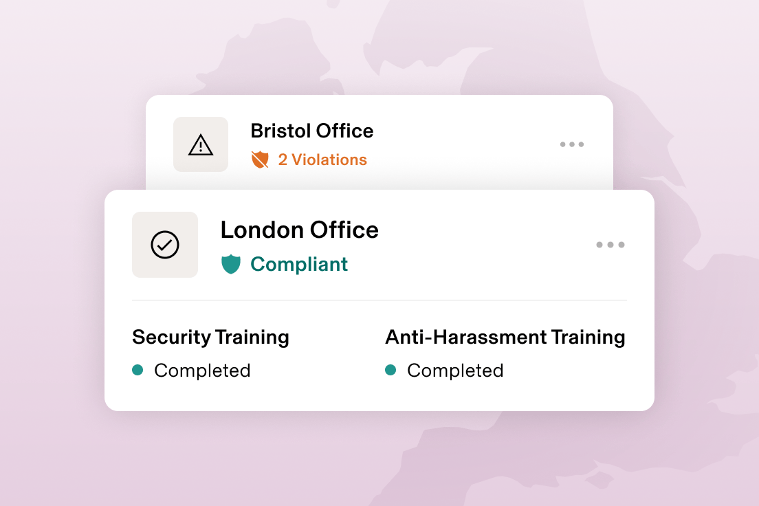 Graphic illustration of a card that says Orlando, FL with "2 violations" and a card that says Los Angeles, CA and "Compliant", for training completed—all overlaid on a map of the united states