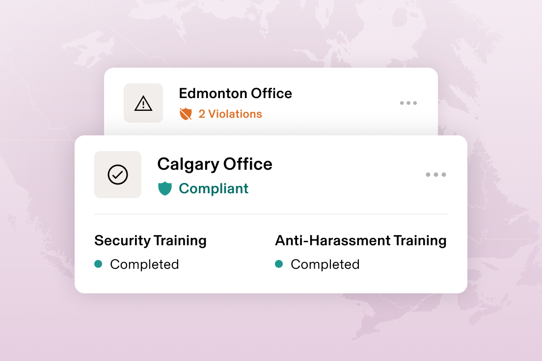 Graphic illustration of a card that says Orlando, FL with "2 violations" and a card that says Los Angeles, CA and "Compliant", for training completed—all overlaid on a map of the united states