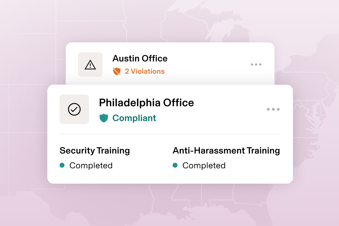 Graphic illustration of a card that says Orlando, FL with "2 violations" and a card that says Los Angeles, CA and "Compliant", for training completed—all overlaid on a map of the united states