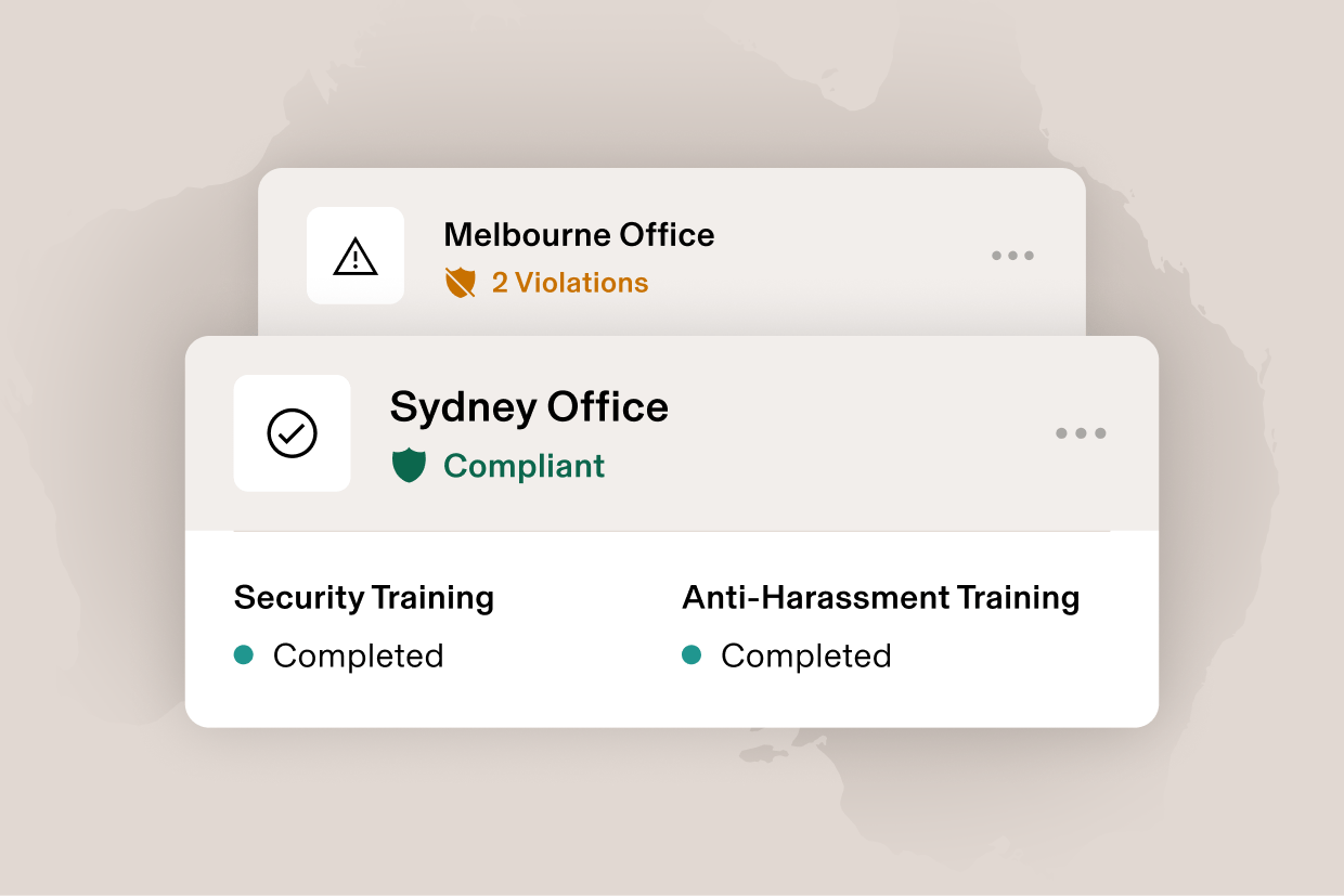 Graphic illustration of a card that says Orlando, FL with "2 violations" and a card that says Los Angeles, CA and "Compliant", for training completed—all overlaid on a map of the united states