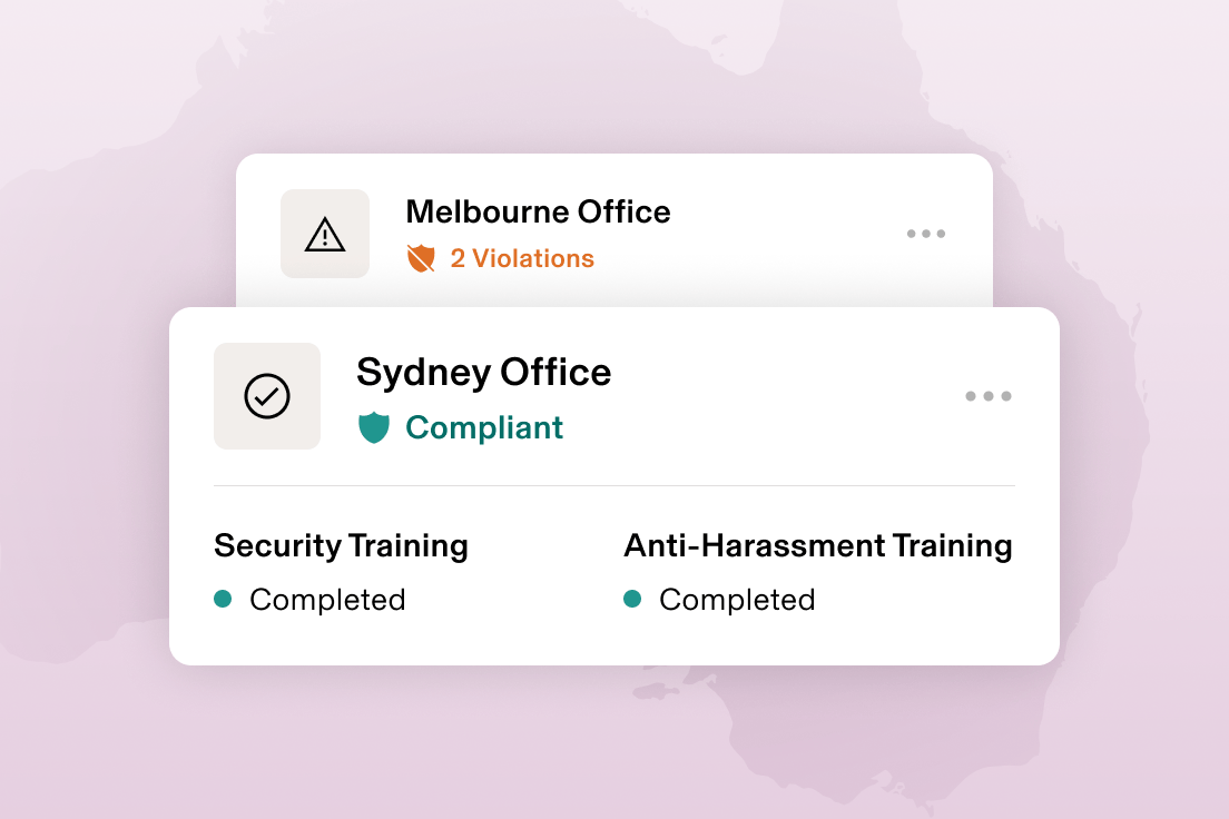 Graphic illustration of a card that says Orlando, FL with "2 violations" and a card that says Los Angeles, CA and "Compliant", for training completed—all overlaid on a map of the united states