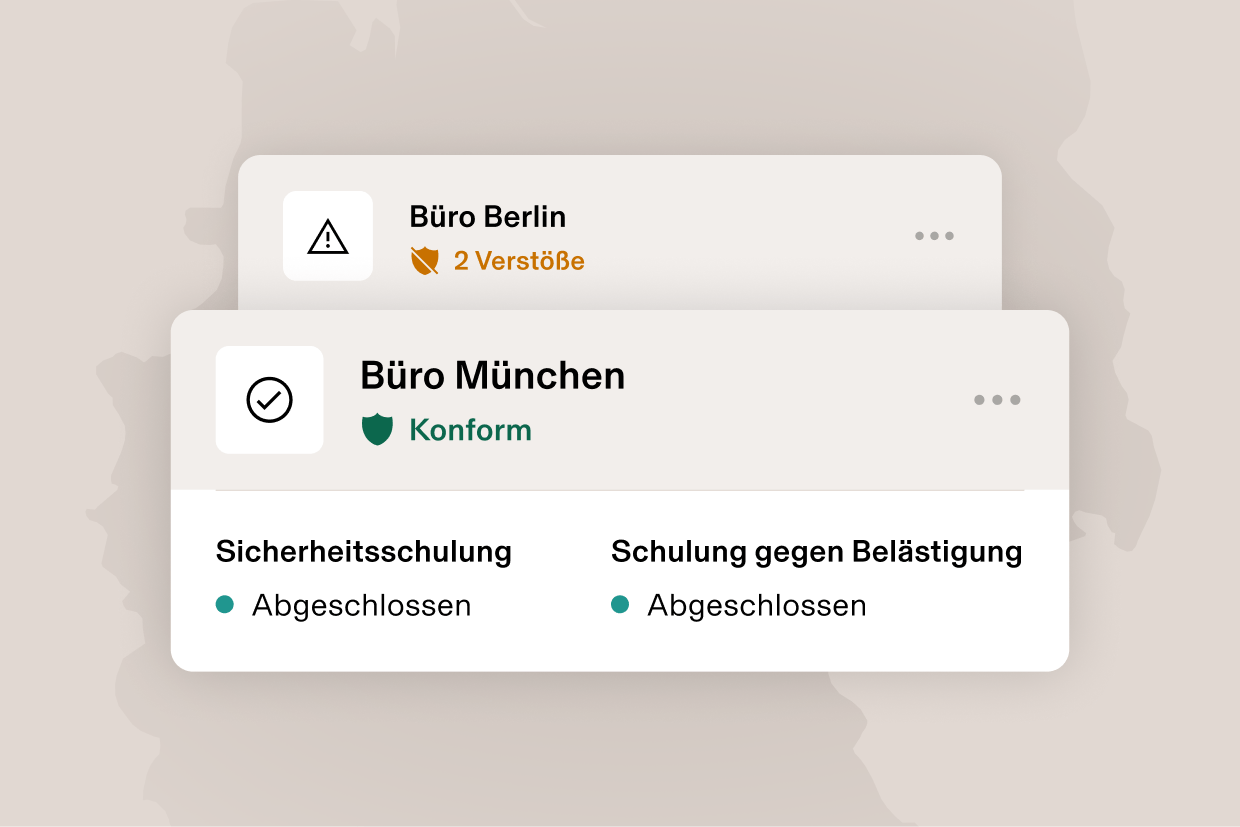 Graphic illustration of a card that says Orlando, FL with "2 violations" and a card that says Los Angeles, CA and "Compliant", for training completed—all overlaid on a map of the united states