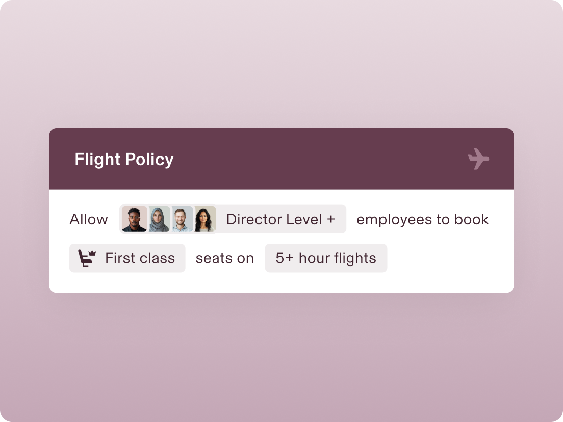 Screen in Rippling titled Flight Policy with text that says allow director level and above employees to book first class seats on 5 hour flights and longer
