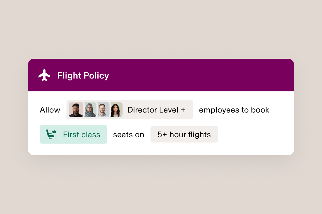 Screen in Rippling titled Flight Policy with text that says allow director level and above employees to book first class seats on 5 hour flights and longer