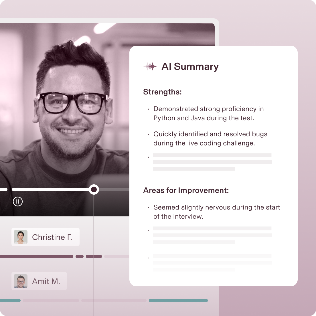 Video interview interface showing a candidate with AI summary highlighting Python and Java skills alongside improvement areas.
