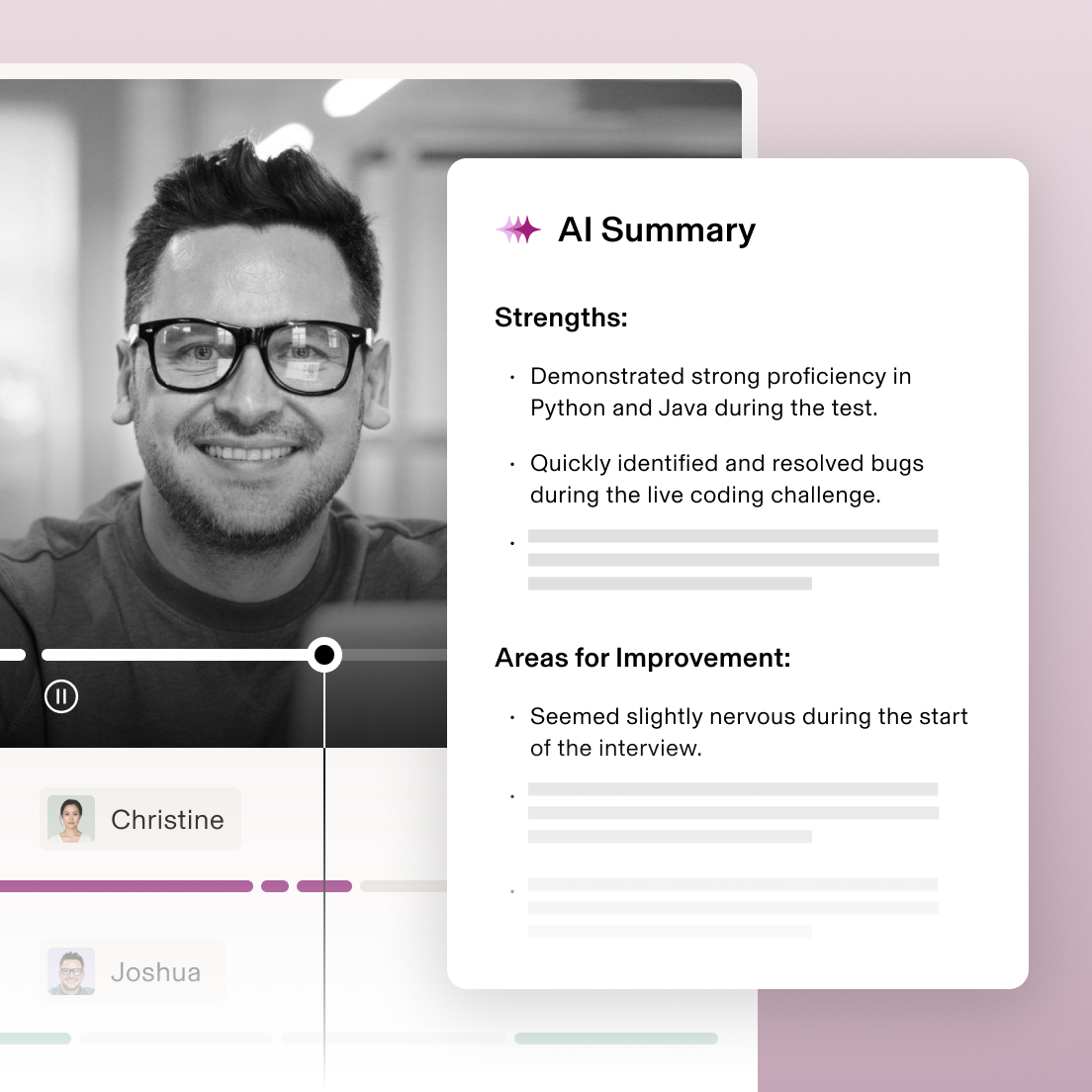 Bildschirm mit einem Video-Bewerbungsgespräch und einem Kandidaten, während die KI-Zusammenfassung dessen Python- und Java-Kenntnisse sowie Verbesserungspotenzial hervorhebt.